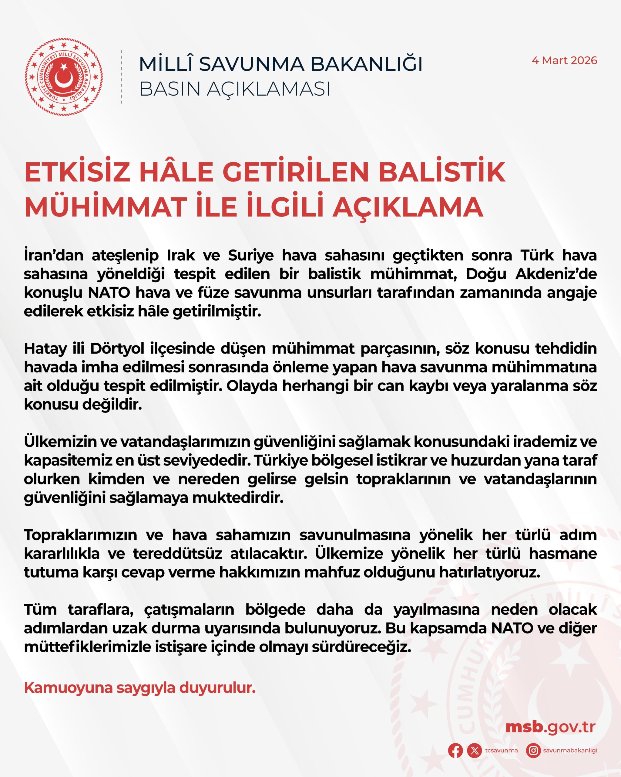 Türk Hava Sahasında Balistik Tehdit: İran'dan Ateşlenen Mühimmat Etkisiz Hale Getirildi