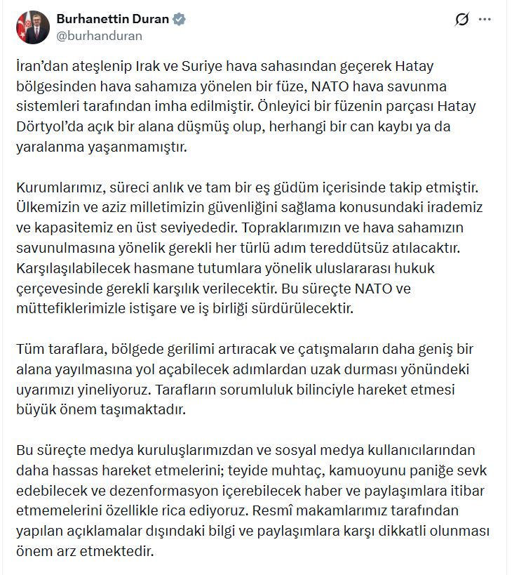 MSB: İran'dan Fırlatılan Balistik Füze Hava Savunma Sistemleri ile İmhada Edildi