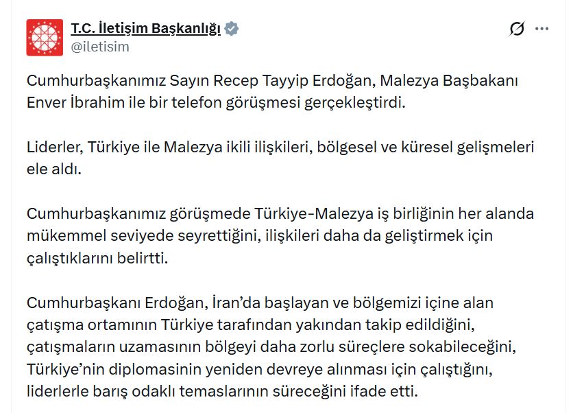 Cumhurbaşkanı Erdoğan, Malezya Başbakanı İbrahim ile Telefon Görüşmesi Yaptı