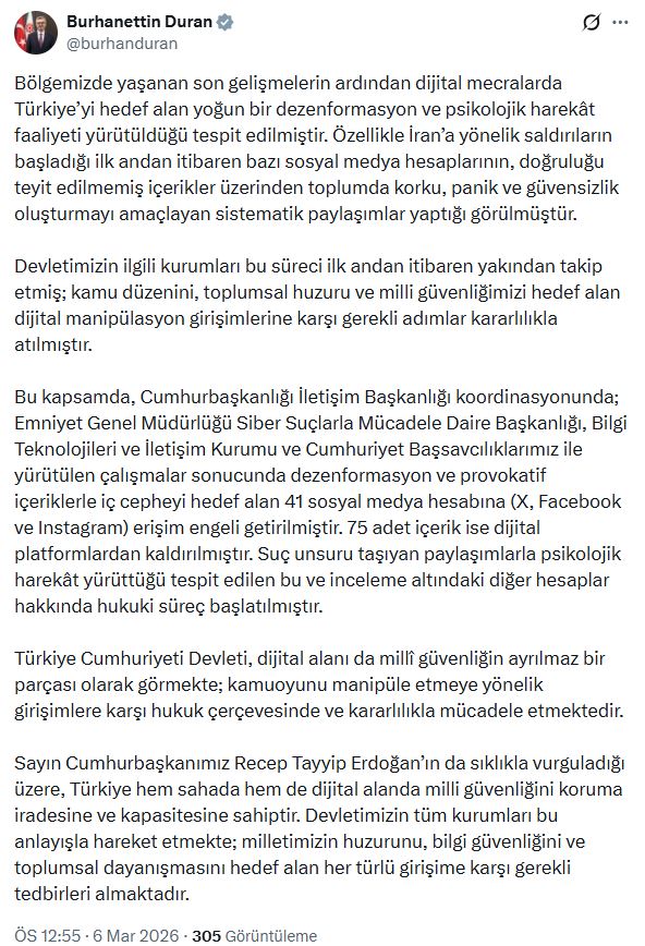 İletişim Başkanı Duran: 41 Dezenformasyon Hesabına Erişim Engeli Uygulandı