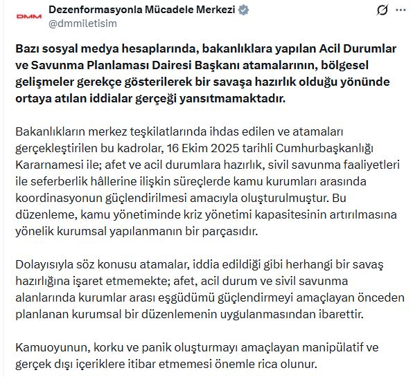 DMM'den Savaşa Hazırlık İddialarına Cevap