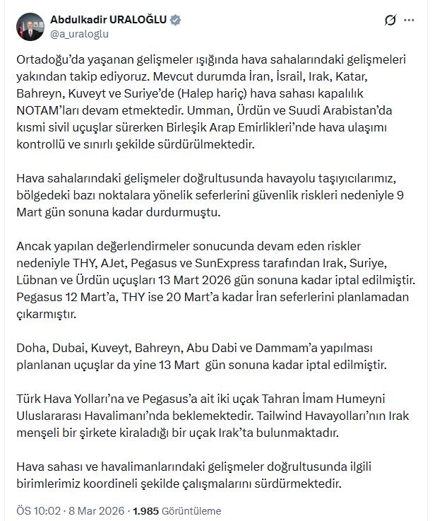 THY, İran Seferlerini 20 Mart'a Kadar İptal Etti
