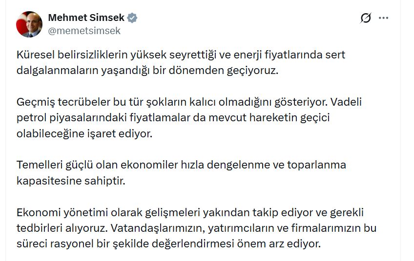 Bakan Şimşek: Enerji Fiyatlarındaki Dalgalanmalar Kalıcı Değil
