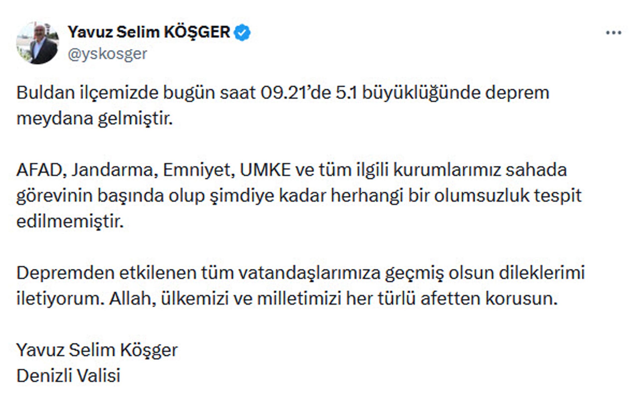 Denizli'de 5.1 Büyüklüğünde Deprem: Vali Köşger'den Açıklama