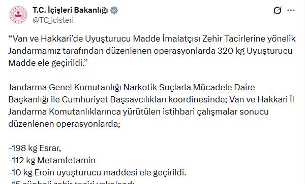 Van ve Hakkari'de Uyuşturucu Operasyonu: 15 Gözaltı ve 320 Kilo Uyuşturucu Ele Geçirildi