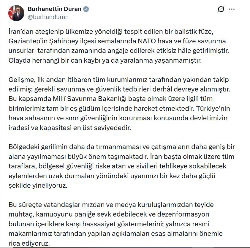 Türk Hava Sahasına Giren Balistik Füze İmha Edildi