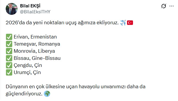 Türk Hava Yolları'ndan 2026'da 6 Yeni Uçuş Noktası Müjdesi