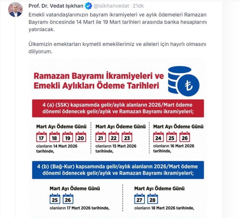Emeklilerin Bayram İkramiye ve Aylıkları Mart'ta Hesaplarda
