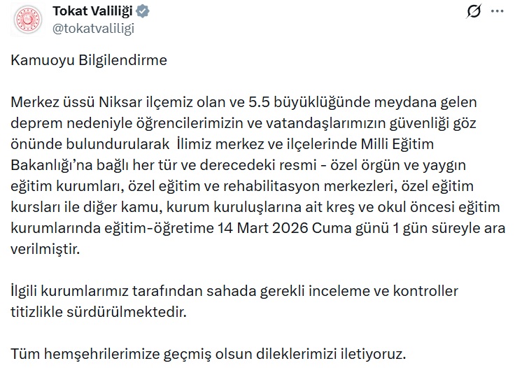 Tokat'ta 5.5 Büyüklüğünde Deprem: Eğitimine Ara Verildi
