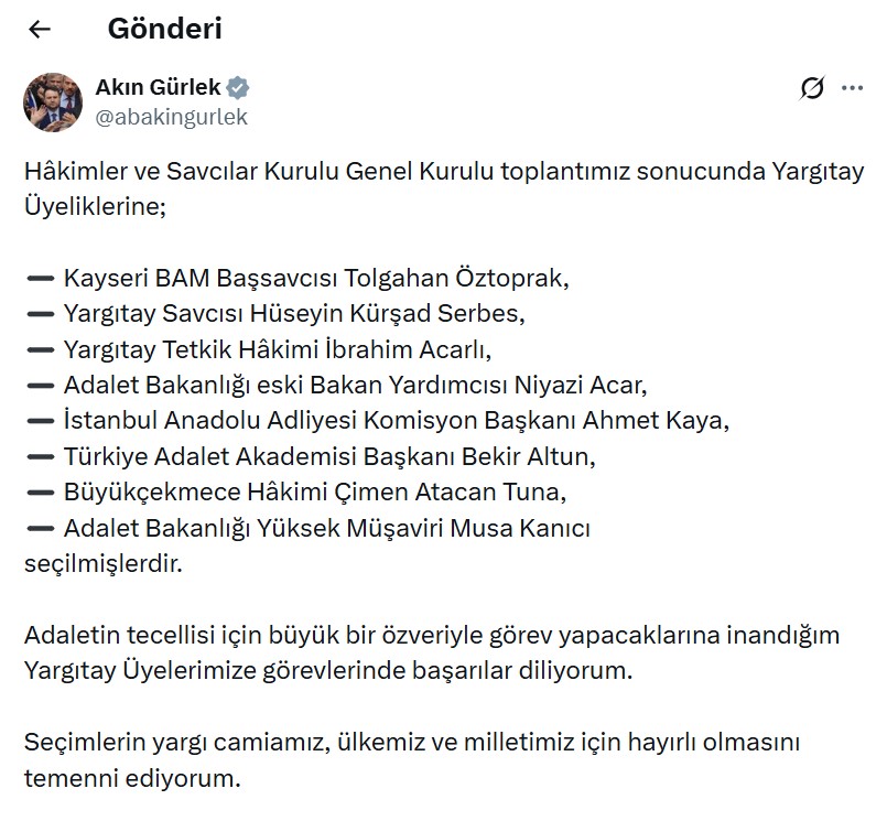 Bakan Gürlek Yargıtay Üyelerini Açıkladı
