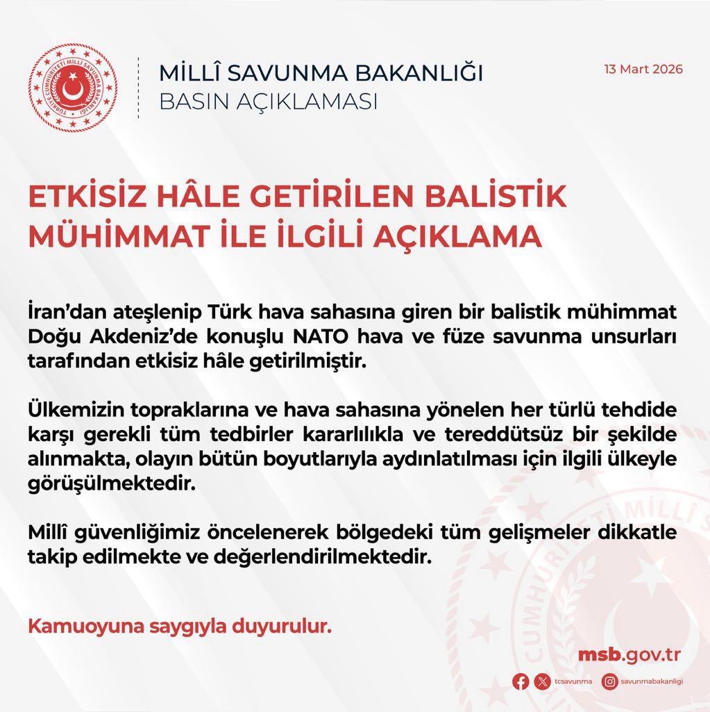 MSB: İran'dan gelen balistik mühimmat etkisiz hale getirildi