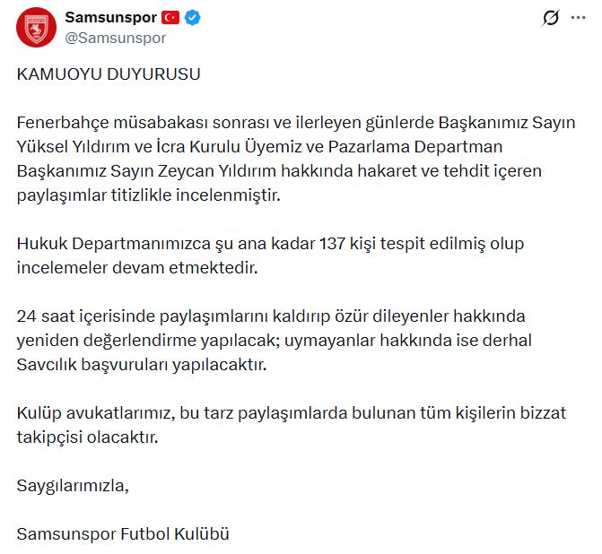 Samsunspor, Tehdit ve Hakaret Paylaşımları İçin 137 Kişiye Hukuki İşlem Başlatıyor