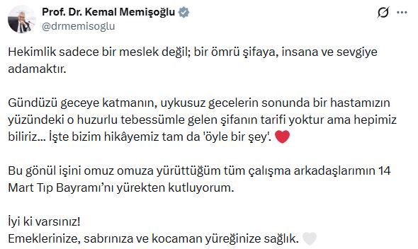 Bakan Memişoğlu'ndan Anlamlı 'Tıp Bayramı' Kutlaması