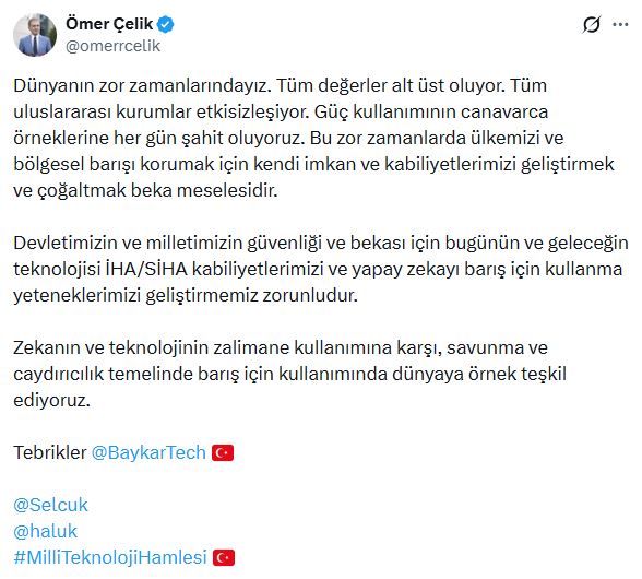 Ömer Çelik: Teknolojiyi Barış İçin Kullanarak Dünyaya Örnek Oluyoruz
