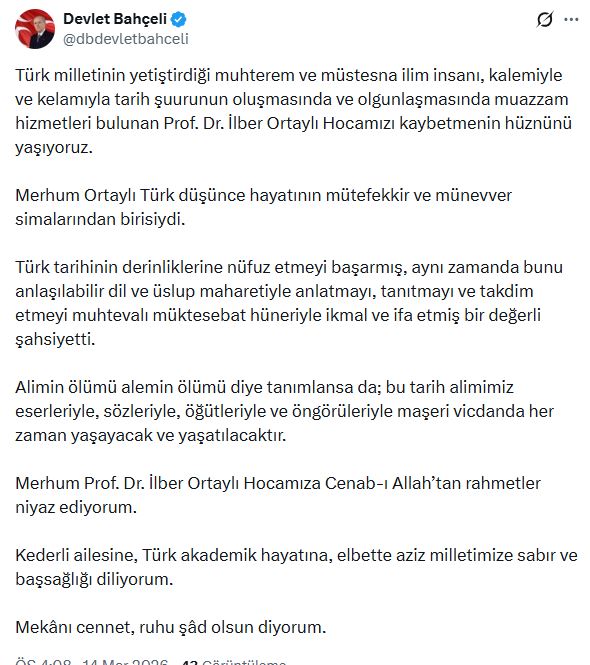 Devlet Bahçeli'den Prof. Dr. İlber Ortaylı için Taziye Mesajı