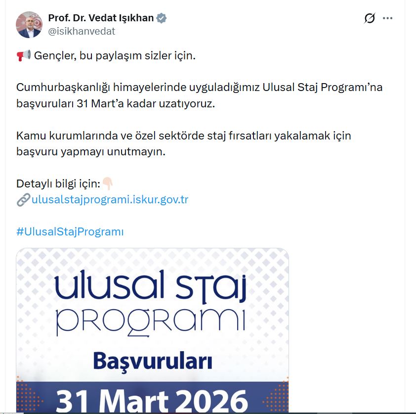Ulusal Staj Programı Başvuruları 31 Mart'a Kadar Uzatıldı