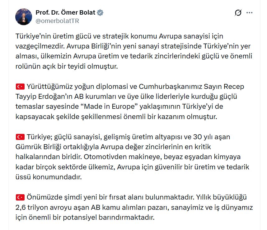 Bakan Bolat'tan 'Made in Europe' Açıklaması: Türkiye'nin Rolü Kritik