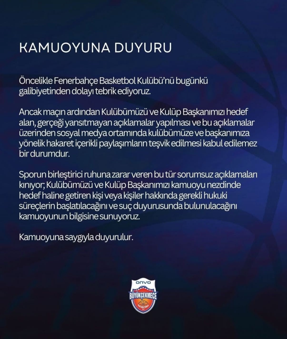 Büyükçekmece'den Fenerbahçe Beko Maçındaki Olaylara Yanıt