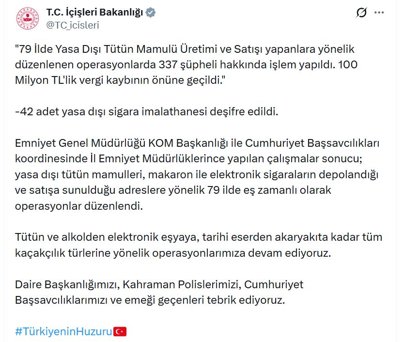 79 İlde Kaçak Sigara Operasyonu: 337 Gözaltı ve 100 Milyon TL'lik Vergi Kaybı Önleyici Müdahale
