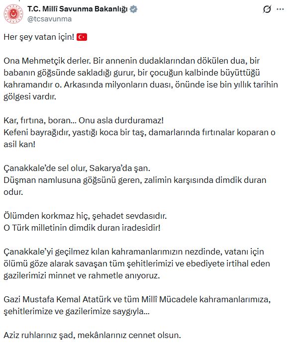 Milli Savunma Bakanlığı'ndan Çanakkale Zaferi Paylaşımı