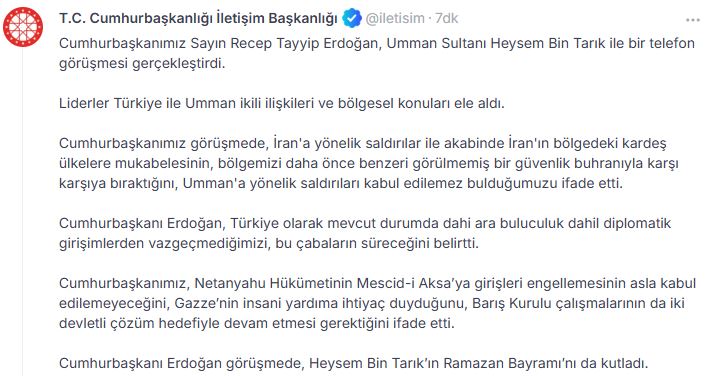Cumhurbaşkanı Erdoğan, Umman Sultanı Heysem Bin Tarık ile Önemli Bir Telefon Görüşmesi Gerçekleştirdi
