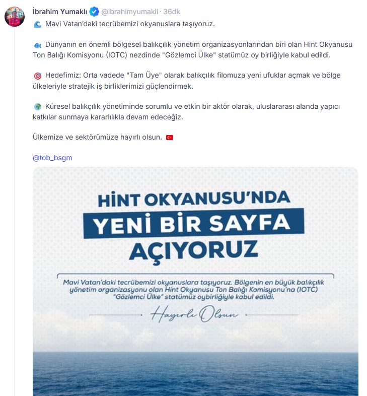Türkiye, Hint Okyanusu Ton Balığı Komisyonu'na Gözlemci Ülke Olarak Katıldı