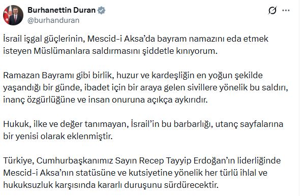 İletişim Başkanı Duran'dan İsrail'e Sert Tepki: Mescid-i Aksa'ya Yönelik Saldırıyı Kınıyorum