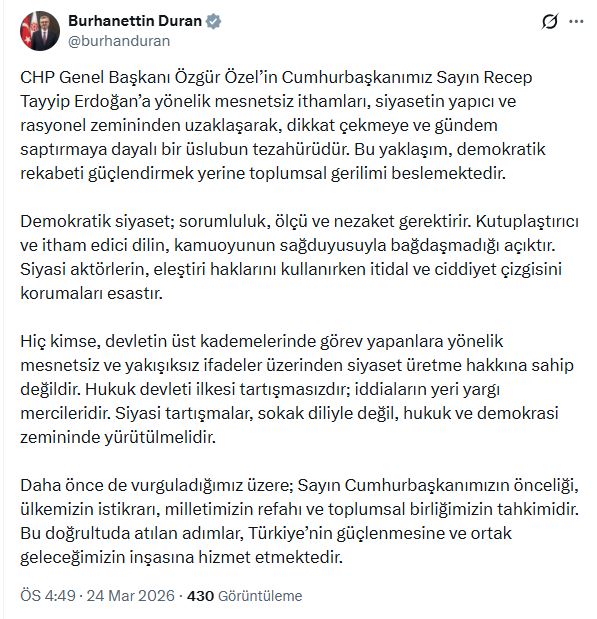 Burhanettin Duran: Demokratik Siyaset Sorumluluk ve Nezaket Gerektirir