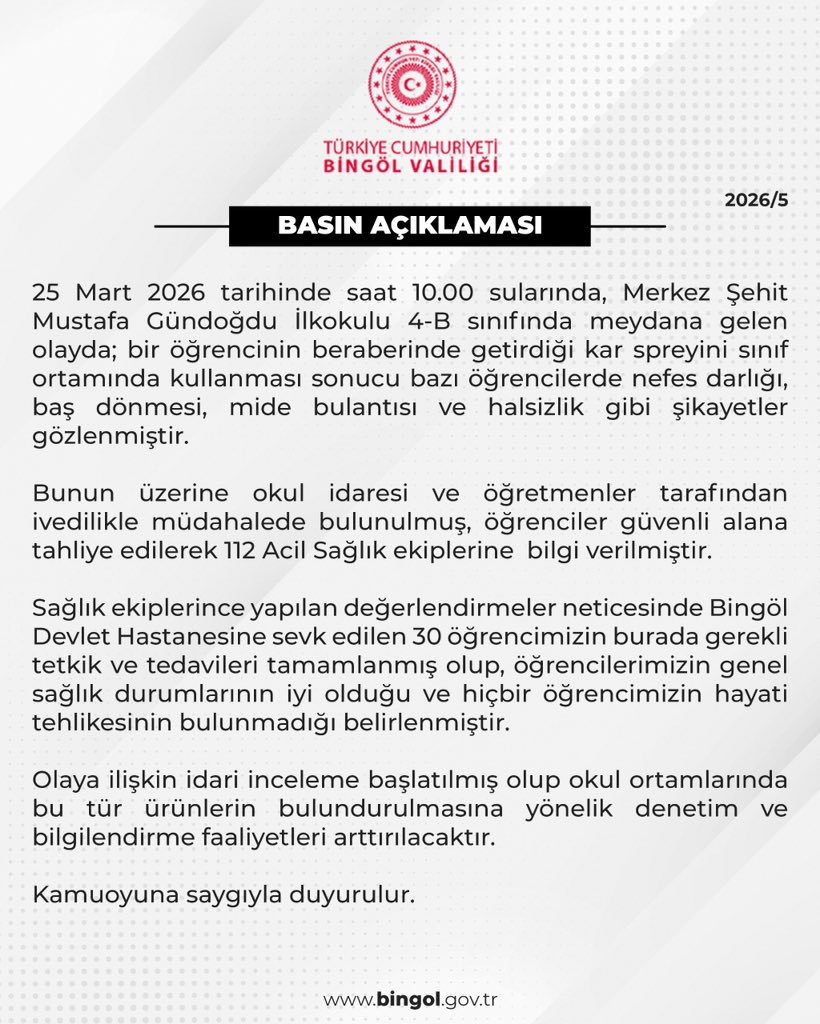 Bingöl'de Kar Spreyi Kullanımı Sonrası 30 Öğrenci Hastaneye Kaldırıldı