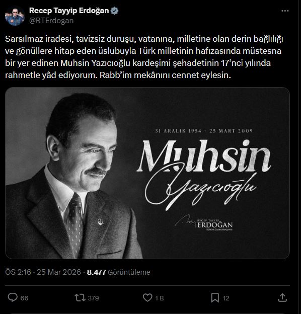 Cumhurbaşkanı Erdoğan, Muhsin Yazıcıoğlu'nu Rahmetle Andı