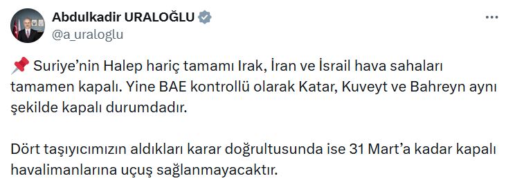 Bakan Uraloğlu'ndan Savaş Nedeniyle Uçuş Yasağı Açıklaması
