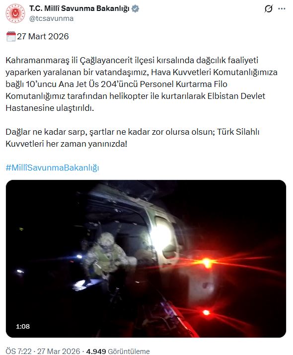 Kahramanmaraş'ta Yaralanan Dağcı Askeri Helikopterle Kurtarıldı