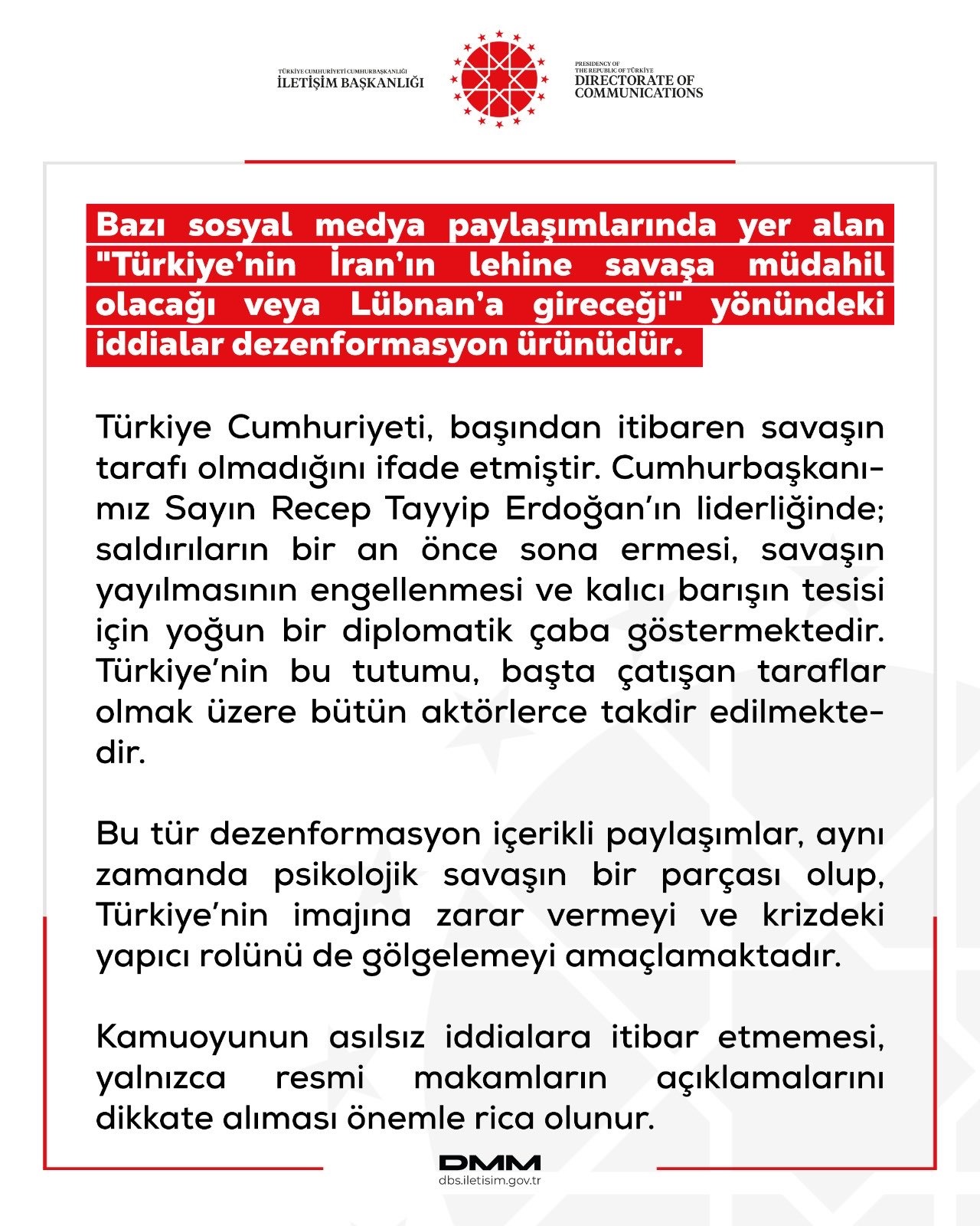 DMM: Türkiye'nin Savaşa Müdahil Olacağı İddiaları Dezenformasyon Üretimidir