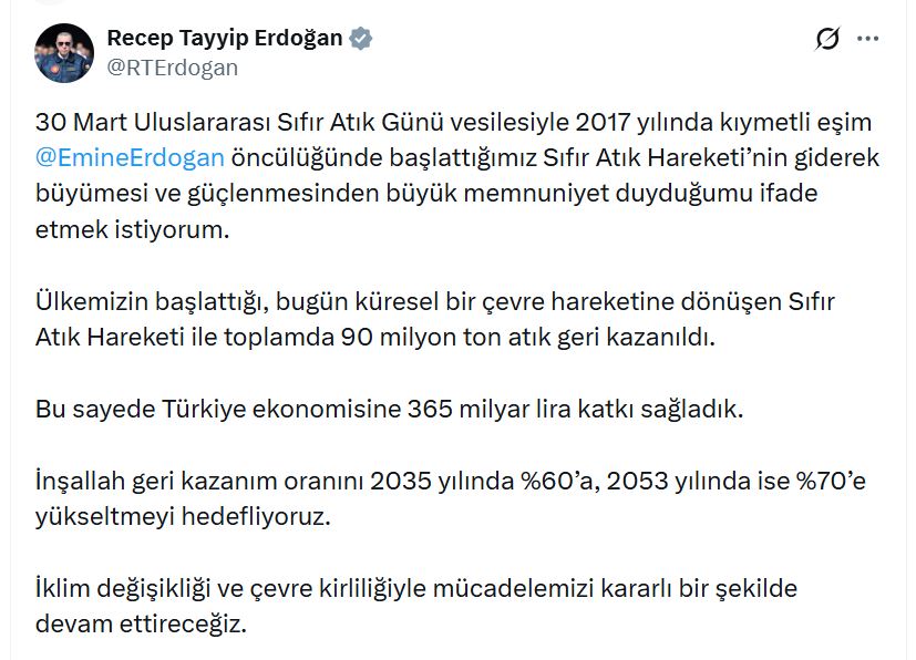 Cumhurbaşkanı Erdoğan: Sıfır Atık Hareketi ile 90 Milyon Ton Atık Geri Kazanıldı