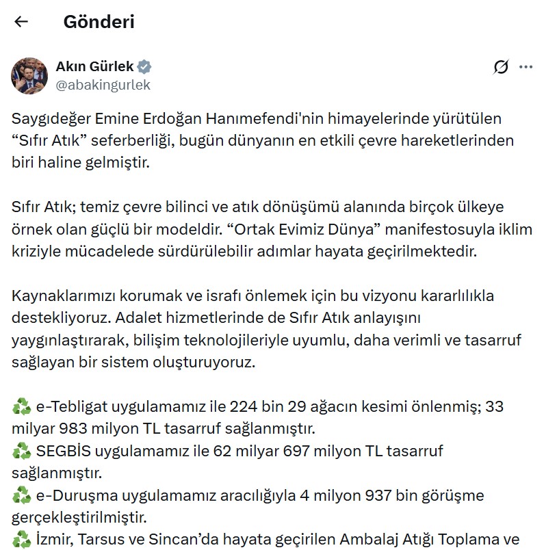 Adalet Bakanı Gürlek: Sıfır Atık Anlayışını Adalet Hizmetlerine Entegre Ediyoruz