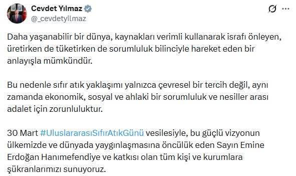 Cevdet Yılmaz'dan Uluslararası Sıfır Atık Günü'ne Önemli Mesaj