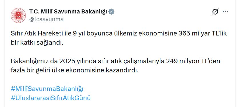 MSB'nin 'Sıfır Atık' Projesi, Ekonomiye 249 Milyon TL Kazandırdı