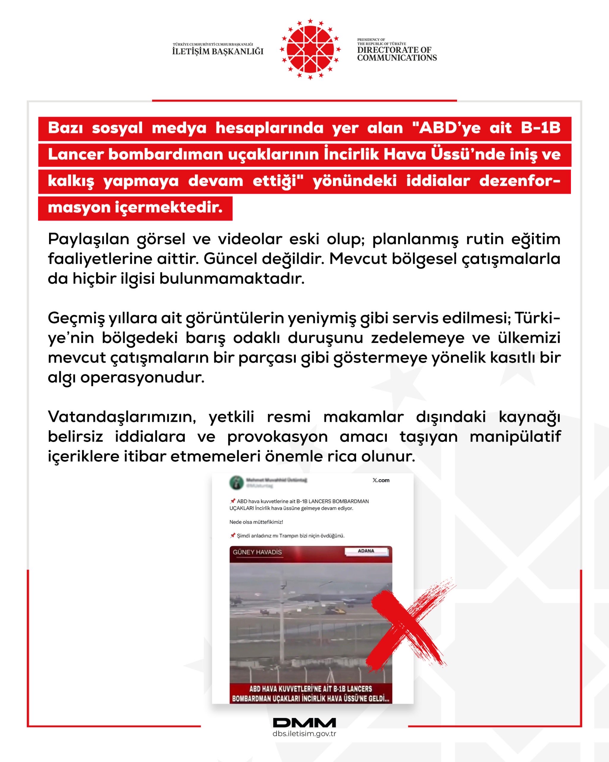 DMM'den İncirlik Üssü'ndeki Bombardıman Uçakları Hakkında Açıklama