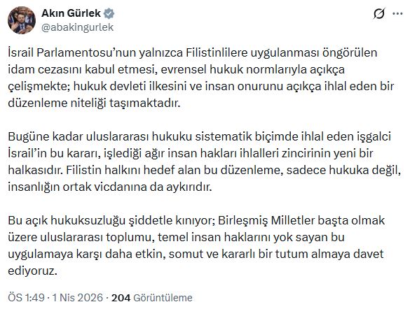 Bakan Gürlek: Filistinlilere Uygulanan İdam Cezası Evrensel Hukuka Aykırıdır