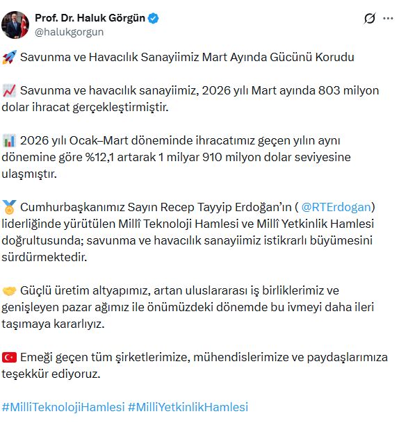 Haluk Görgün: Mart Ayında Savunma ve Havacılık Sanayimizin İhracatı 803 Milyon Doları Buldu