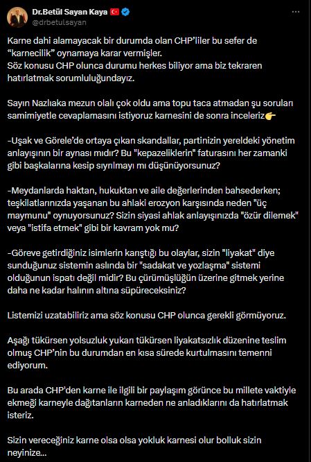 AK Parti'li Fatma Betül Sayan Kaya'dan CHP'ye Sert Eleştiriler