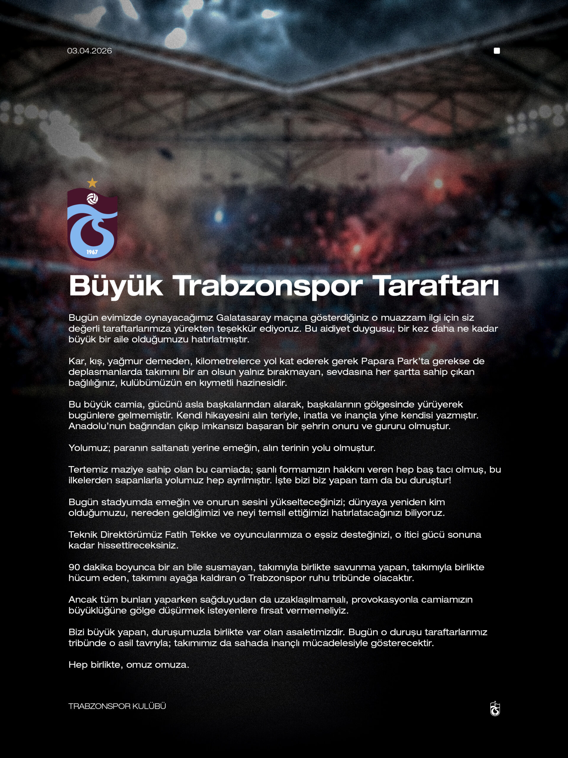 Trabzonspor'dan Taraftarlara Birlik Mesajı