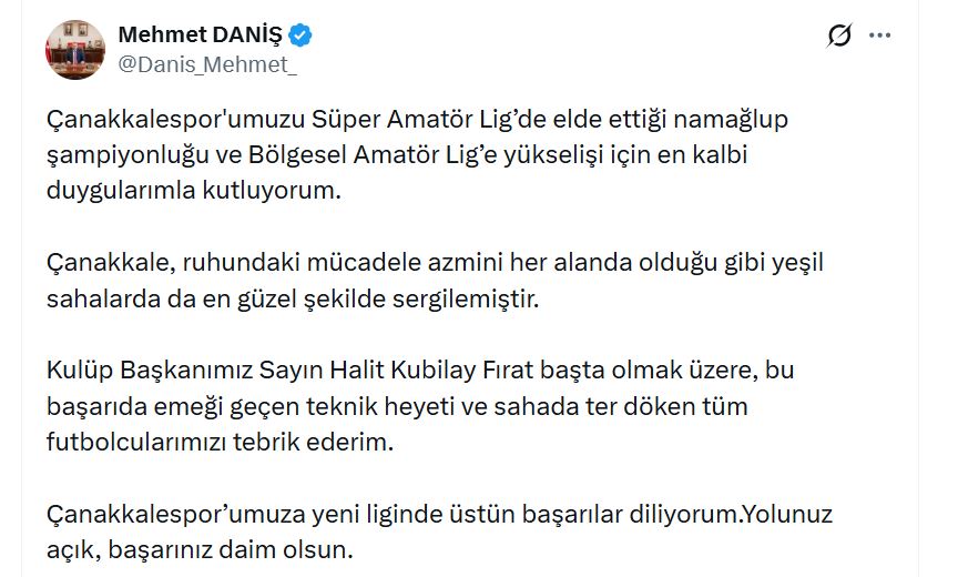 RTÜK Başkanı Daniş'ten Çanakkalespor'a Tebrik