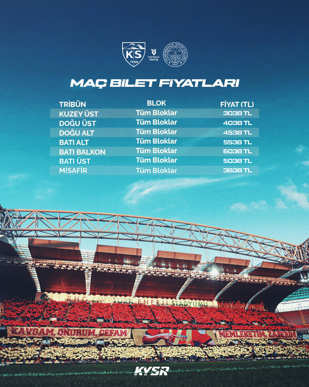 Kayserispor-Fenerbahçe Maçının Bilet Fiyatları Açıklandı