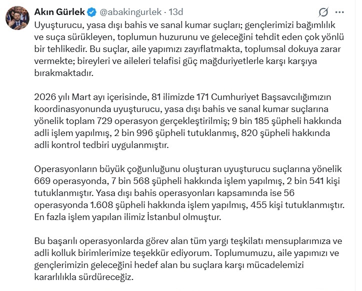 Bakan Gürlek: 2,996 Şüpheli Uyuşturucu ve Kumar Operasyonlarında Tutuklandı