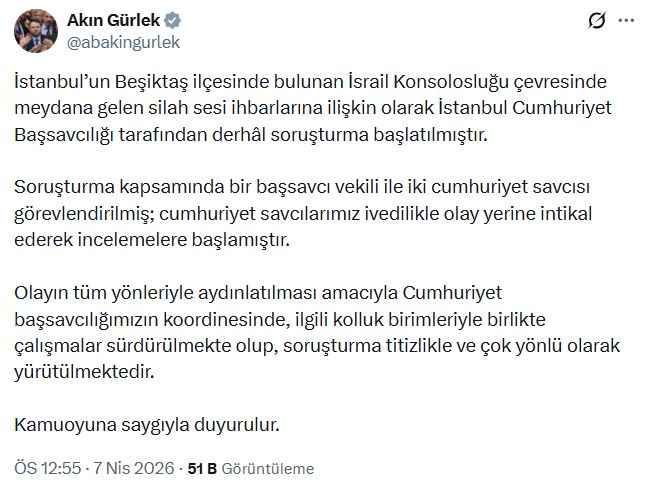 Bakan Gürlek: İstanbul'da İsrail Konsolosluğu Çevresindeki Olay İçin Soruşturma Başlatıldı