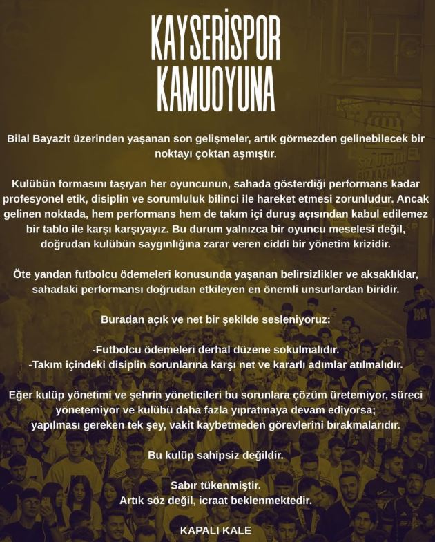 Kapalı Kale'den Kayserispor Yönetimine Sert Mesaj: Kulüp Sahipsiz Değildir