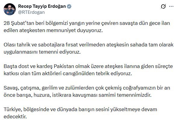 Cumhurbaşkanı Erdoğan: Ateşkesi Destekliyoruz