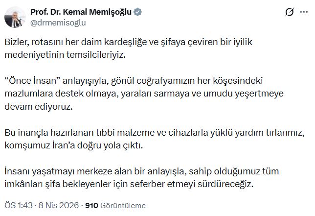 Bakan Memişoğlu: Tıbbi Yardım Yüklü TIR'larımız İran'a Hareket Etti