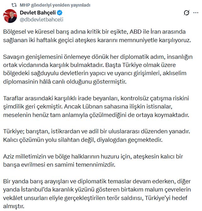 Bahçeli'den Ateşkes Kararına Destek: Barış Arayışları Önemli